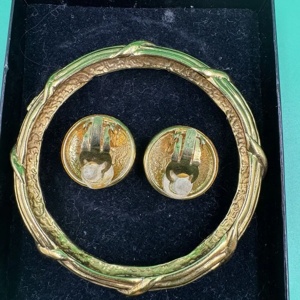 Vintage Chanel Paris Gold Tone Bangle Bracelet & Clip Earrings Set Original Box